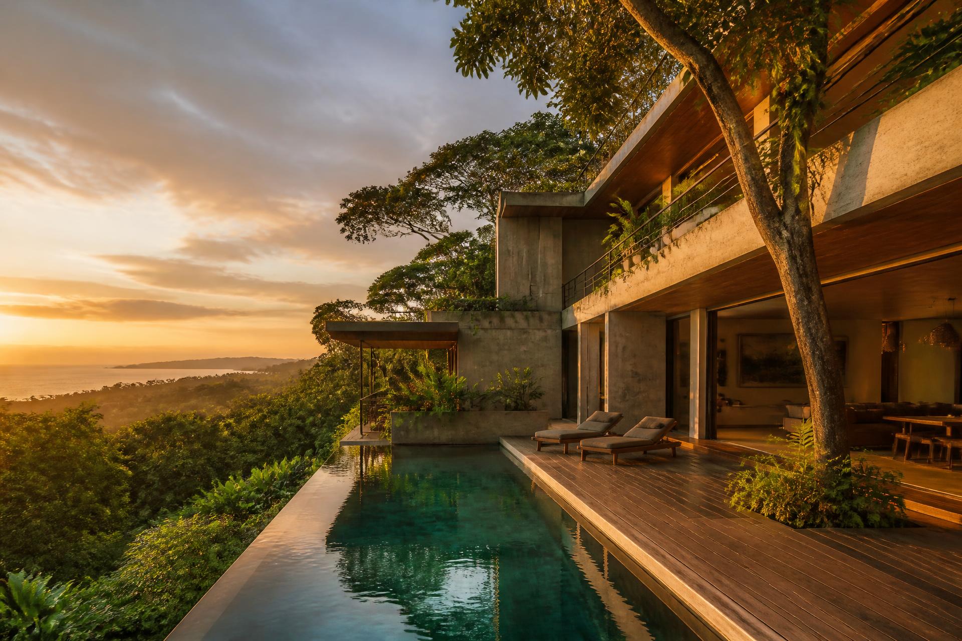 Villa contemporánea en una colina de Costa Rica con piscina infinita al atardecer